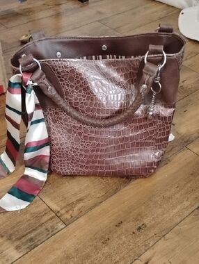 Croc-Embossed Brown Tote with Braided Handles and Scarf Accent